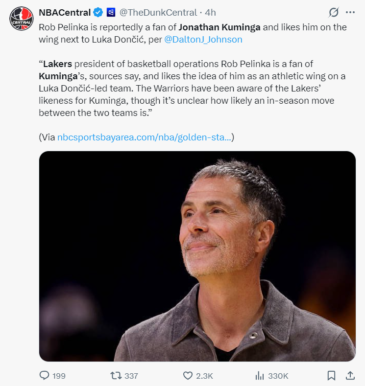 鲸鱼直播足球-曝去年湖人已关注库明加：佩林卡喜爱成推手 3换1报价勇士未接受